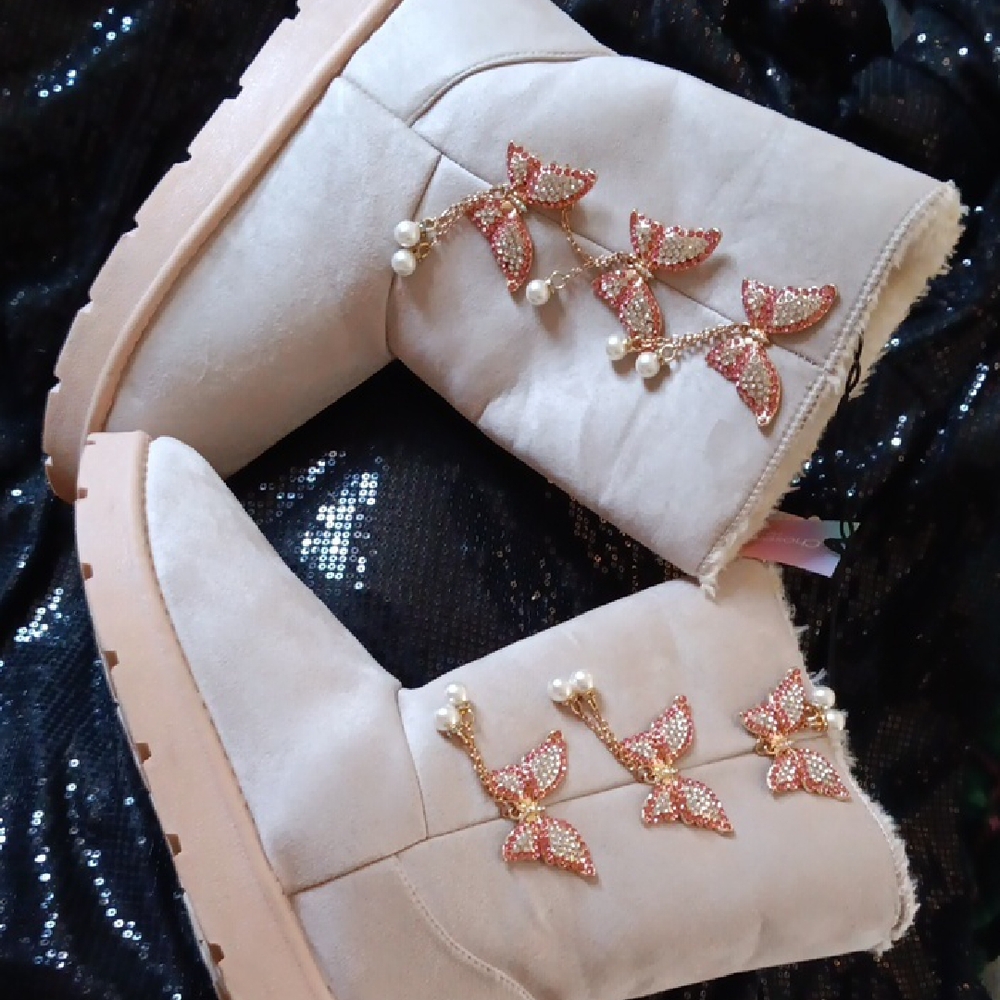 Tan Faux Suede Fur Lined Butterly Rhinestone Women's Winter Boots